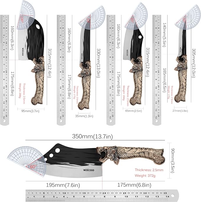 5PCS Butcher Knife Set for Chef, Butchering, Meat Processing, BBQ Cutting and Fillet, High Carbon Steel Hand Forged Knives, Cleaver & Bone Chopper, Dragon Bolster, Wood-Grain Handle - Bronze