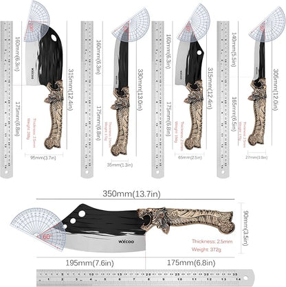 5PCS Butcher Knife Set for Chef, Butchering, Meat Processing, BBQ Cutting and Fillet, High Carbon Steel Hand Forged Knives, Cleaver & Bone Chopper, Dragon Bolster, Wood-Grain Handle - Bronze