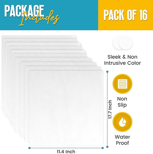 Refrigerator Liners for Shelves (16 Pack) by Linda’s Essentials - Non-Adhesive Shelf or Drawer Liner, BPA-Free Fridge Mats for Kitchen & Cabinets, Easy to Clean, Ideal Household Essentials (Clear)
