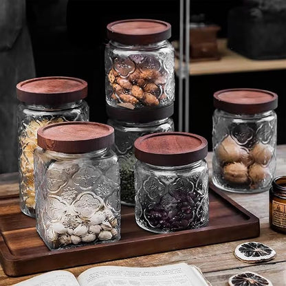 Custde Glass Storage Jars With Airtight Lid, 35oz Container For Kitchen Counter with Wooden Lid, brown sugar, candy, coffee, cookie, salt, tea, cute Jar (35oz Large Sunflower)