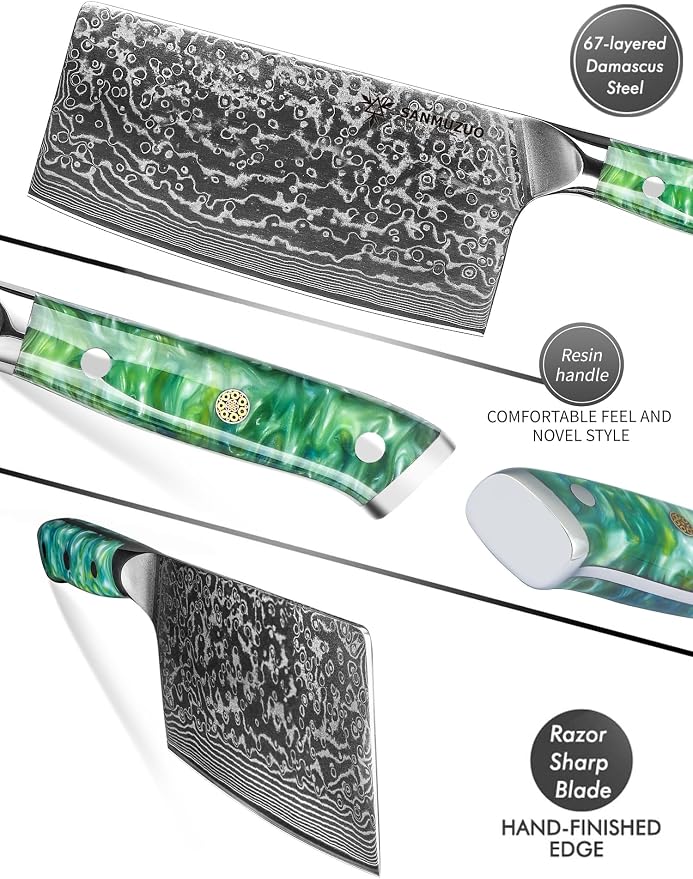 Chinese Chef Knife - 7" Cleaver Knife- Xuan Series - VG10 Damascus Steel Kitchen Knife - Resin Handle (Jade Green)