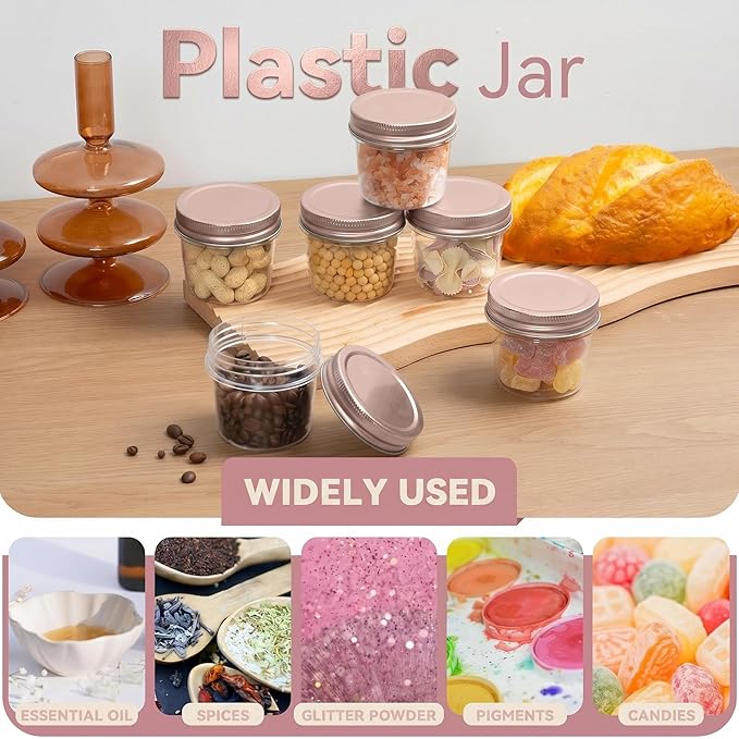 novelinks 4 oz Small Plastic Jars with Lids, 40 Pack Mini Plastic Mason Jars with Lids 4oz, Craft Storage Containers & Canning Jars & Small Spice Jars for Kitchen Organization (40 Pack,Rose Gold)