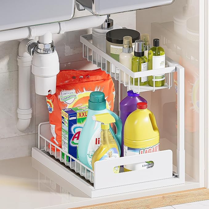 Under Sink Organizer and Storage, Slide Out Cabinet Organizer, Pull Out Sink Shelf for Kitchen Bathroom Laundry, White, 1 Pack