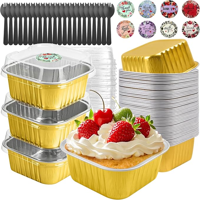 30 Pack 5oz Square Mini Cake Pans with Lids and Spoons,Aluminum Foil Baking Cups,Disposable Mini Loaf Pans Ramekins for Brownie, Cheesecake, Mousse & Wedding Party Favors-Gold