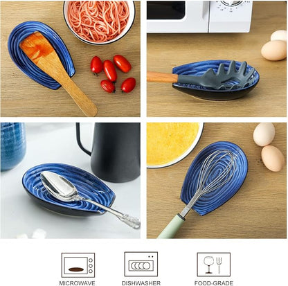 Hasense Spoon Rest for Stove Top, Stable Heat-resistant Spoon Holder for Home Coffee Bar Cooking, Ladle Holder for Countertop and Kitchen Gadget, Blue Utensil Rest for Spatula Ladles Tongs, 2 PCS