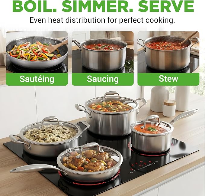 NutriChef 8-Piece Triply Cookware Set Stainless Steel - Triply Kitchenware Pots & Pans Set Kitchen Cookware, Non-Stick Coating - Sauce Pot, Stew Pot, Cooking Pot, Frying Pan, Lids - NC3PLY8Z
