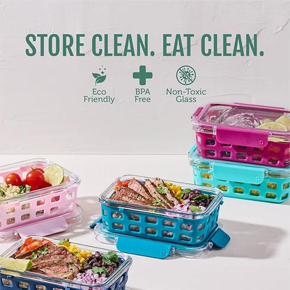 Ello Duraglass 3.4 Cup Meal Prep Sets 10Pc, 10 Pack Set- Glass Food Storage Container with Silicone Sleeve and Airtight BPA-Free Plastic Lids, Dishwasher, Microwave, and Freezer Safe, Evening Orchard