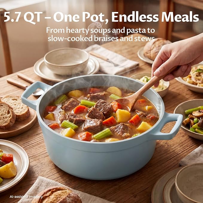 BEZIA 5.7 Quart Nonstick Ceramic Stock Pot with Lid, Lightweight Die-Cast Aluminum Dutch Oven Style Cooking Pot for Soup, Family Stew & Braising, Oven Safe Casserole, Induction Ready, for 3-5 People