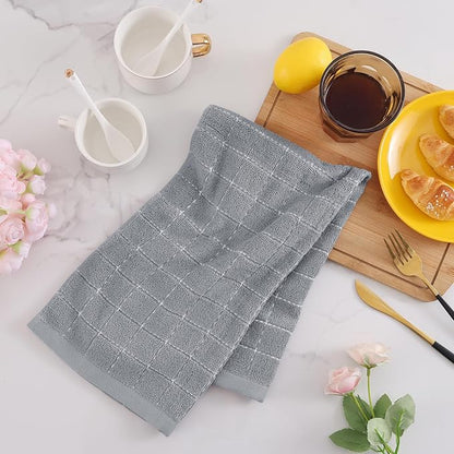 Mordimy 100% Cotton Terry Cloth Kitchen Towels, Super Soft and Absorbent Dish Towels for Drying, Checkered Designed Hand Towels for Kitchen, 16 x 26 Inches, 6 Pack, Light Grey