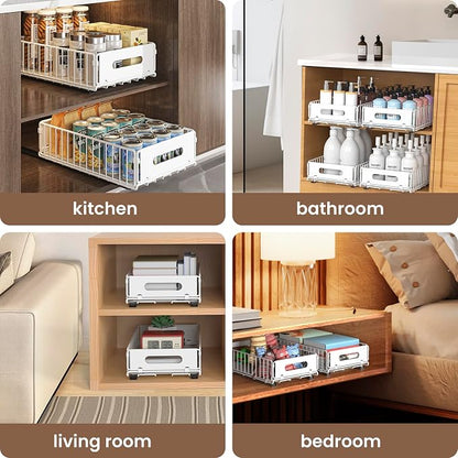 4 Pack Pull Out Cabinet Organizer, Heavy Duty Slide Out Drawer with No Drill Adhesive or Screw Mount, Carbon Steel Roll Out Shelf for Kitchen Cabinet, Pantry & Bathroom Storage