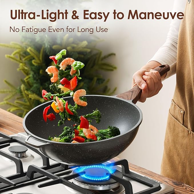 SENSARTE Nonstick Wok Pan with Lid 11-inch, Healthy Stir-fry Pan Induction Cookware with Swiss Granite Coating, Deep Frying Pan Skillet with Stay-cool Handle, PFOA Free