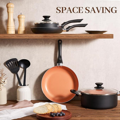 BECIGAR 8pcs Gold Ceramic Pots and Pans Set, Cooking Pan Set,Cooking Pot Set Ceramic Pan Set, Nonstick Cookware Set, Induction Safe Kitchen Cooking Set with Frying Pans, Saucepans, shovel and Ladle
