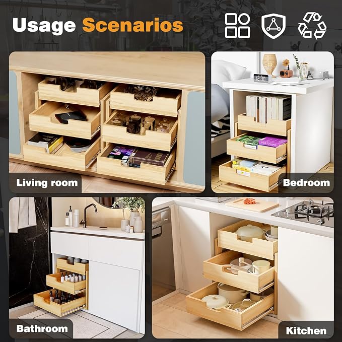 Pull Out Cabinet Organizer, 23''W×21''D Sliding Drawers for Cabinets, 3 Tier Soft Close Slide Out Wooden Pull out Drawers, Base Cabinet Organization for Kitchen, Pantry, Bathroom