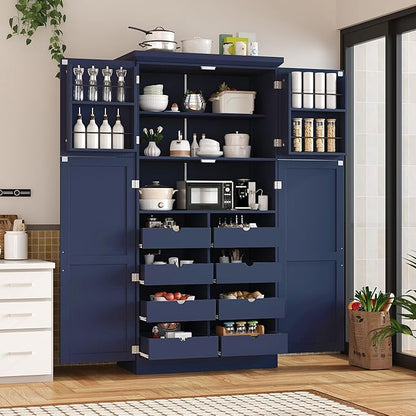 VilroCaz Freestanding Kitchen Pantry Tall Storage Cabinet, Wooden Kitchen Organizers with 4 Doors, 2 Door Shelves, 8 Pull-Out Trays and Adjustable Shelf for Dining Room Living Room (Blue-8.5)