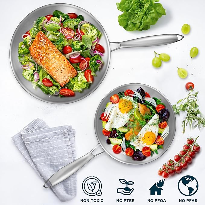 EWFEN Tri-Ply Stainless Steel Frying Pans Set with Lid, 8”/10”/12” Cooking pans, PFOA&PTFE Free Skillet, Induction Cooking Pan, Dishwasher and Oven Safe, Fast & Even Heat, Suitable for All Stove