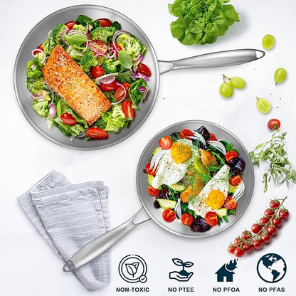EWFEN Tri-Ply Stainless Steel Frying Pans Set with Lid, 8”/10”/12” Cooking pans, PFOA&PTFE Free Skillet, Induction Cooking Pan, Dishwasher and Oven Safe, Fast & Even Heat, Suitable for All Stove