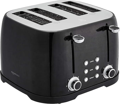 Amazon Basics 4 Slice Toaster with 4 Slots, 6 Browning Settings, Defrost, Removable Crumb Tray, Bagel Function, Cancel Button, 1600W, Black