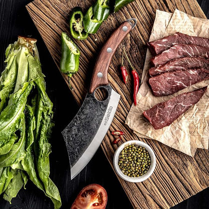 Seido Knives Hakai Chef Cleaver Knife | High Carbon Stainless Steel Meat Cleaver for Kitchen, Camping & BBQ | Japanese-Style Butcher Knife with Ergonomic Rosewood Handle & Leather Sheath