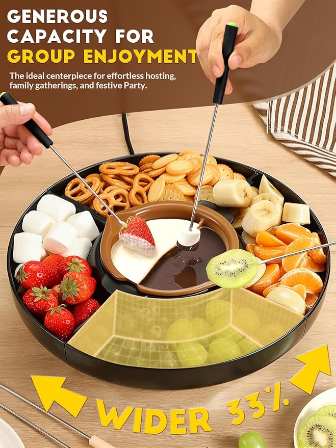 LUSHYUM Chocolate Fondue Pot Set Electric Melting Machine, 4-Cup Capacity 4 Trays 6 Forks 1 Spatula Cheese Warmer, Ideal Gift for Couple Family & Date Night Idea House Warming Holidays, Black