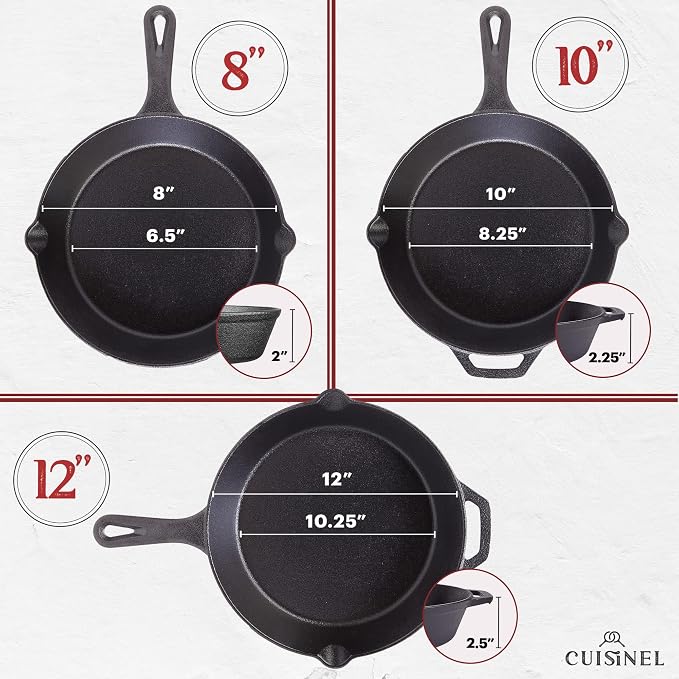 Cuisinel 12" + 10" + 8"-Inch Cast Iron Skillets Set with Braiser Lids + Silicone Handle Grips + Pan Scraper - Indoor/Outdoor Pre-Seasoned Kitchen Cookware - Oven, Fire, Stove Safe