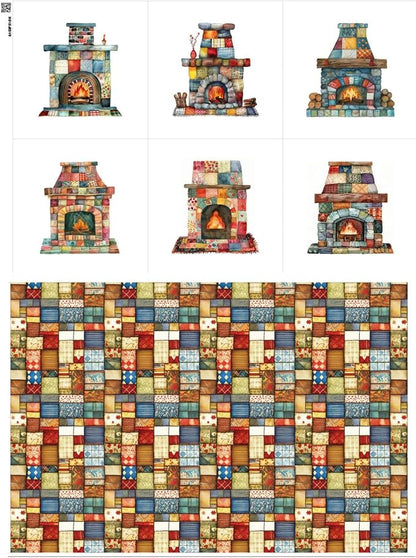 Patchwork Fireplace Cotton Fabric Panel – 6 Designs (10×10 inch Each) + Bonus Sheet 29.5×19.6 inch, 100% Cotton 140 GSM, Made in Türkiye