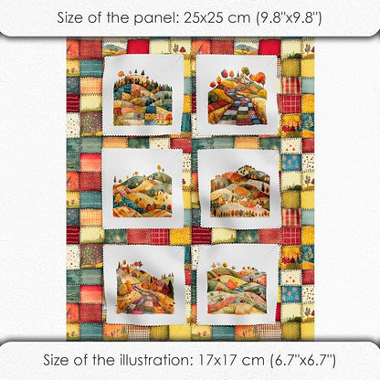 Patchwork Autumn Landscape Cotton Fabric Panel – 6 Designs (10×10 inch Each) + Bonus Sheet 29.5×19.6 inch, 100% Cotton 140 GSM, Made in Türkiye