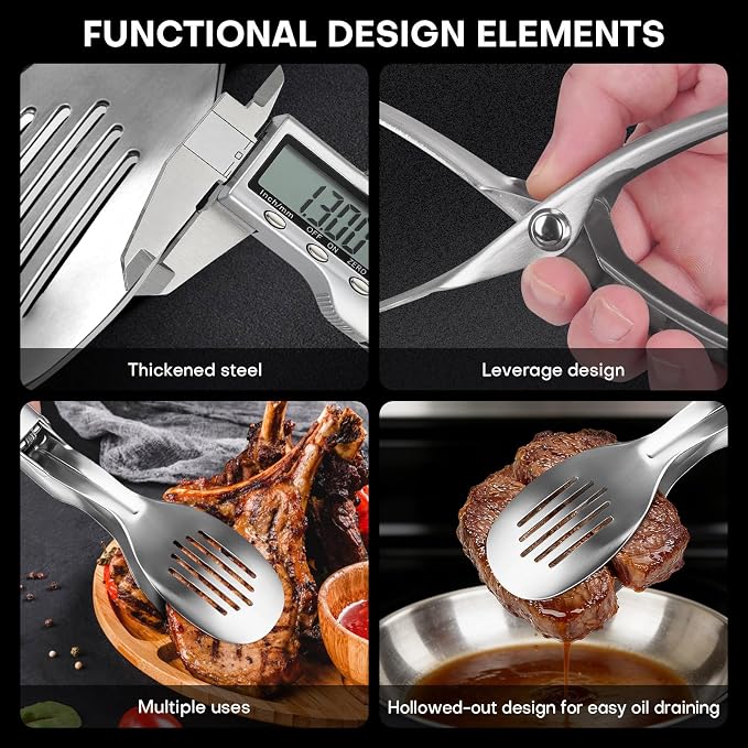 10.8 Inch 304 Stainless Steel Cooking Tongs, Metal Kitchen Tongs with Oil Drain Holes & Spring Rebound, Anti-Slip Handle for Grilling BBQ Salad Serving