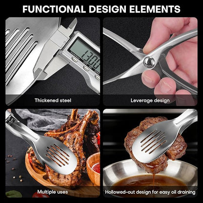 10.8 Inch 304 Stainless Steel Cooking Tongs, Metal Kitchen Tongs with Oil Drain Holes & Spring Rebound, Anti-Slip Handle for Grilling BBQ Salad Serving