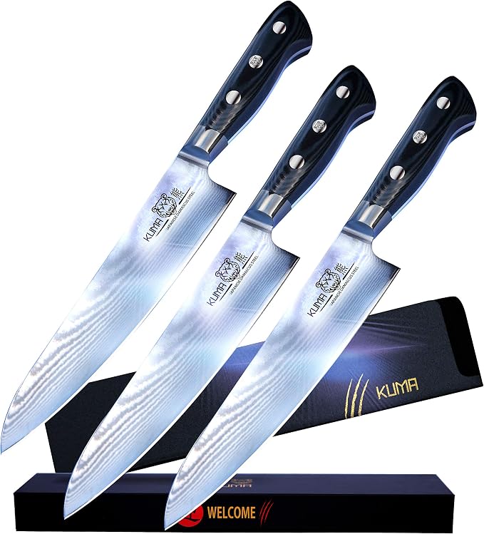 Damascus Kitchen Knives - Made with Japanese Cold Steel - Easy Glide for Precision, Carving, Dicing & Mincing - Round Bolster & Comfort Grip Provides Hours of Easy Use - 3 Pack