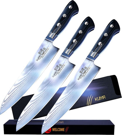 Damascus Kitchen Knives - Made with Japanese Cold Steel - Easy Glide for Precision, Carving, Dicing & Mincing - Round Bolster & Comfort Grip Provides Hours of Easy Use - 3 Pack