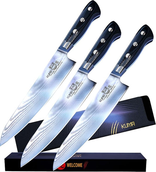 Damascus Kitchen Knives - Made with Japanese Cold Steel - Easy Glide for Precision, Carving, Dicing & Mincing - Round Bolster & Comfort Grip Provides Hours of Easy Use - 3 Pack