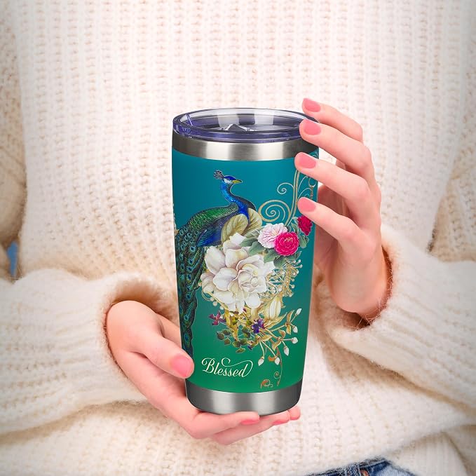 Christian Art Gifts Stainless Steel Double Wall Vacuum Insulated Tumbler 18 oz Peacock Teal Travel Mug with Retractable Lid Inspirational Bible Verse for Women - Blessed Faith -Jeremiah 17:7