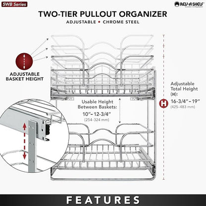Rev-A-Shelf 2-Tier Pullout Shelf and Drawer Organizer for Kitchen Cabinets, Slide Out Storage Basket, Min Opening Width of 14.5", 15" x 22", 5WB2-1522CR-1