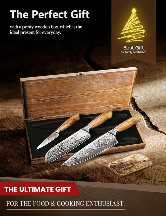 Emojoy Damascus Kitchen Knife Set, 3 PCS Japanese Chef Knife Set, 67-Layers Damascus Knife with Original Olive Wood Handle, Include Wooden Gift Box