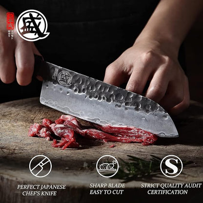 MITSUMOTO SAKARI 7-Inch Japanese Santoku Knife | Wide Santoku blade, 7-inch control, hand forged 3-layer 9Cr18MoV steel, rosewood handle