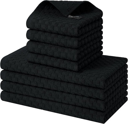 Homaxy 100% Cotton Kitchen Towels and Dishcloths Set, 12 x 12 & 15 x 25 Inches, Set of 8 Bulk Terry Cloth Dish Towels, Super Soft and Absorbent Hand Towel with Hanging Loop, Black