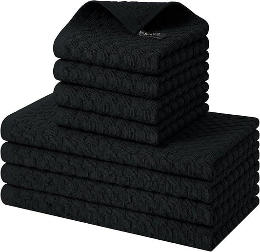 Homaxy 100% Cotton Kitchen Towels and Dishcloths Set, 12 x 12 & 15 x 25 Inches, Set of 8 Bulk Terry Cloth Dish Towels, Super Soft and Absorbent Hand Towel with Hanging Loop, Black