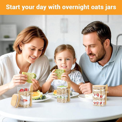 Glass Jars with Bamboo Lids and Spoon - 4 Pack 18 Fl.oz Square Glass Jars with Airtight Lid, Includes Labels and Marker, Pantry Storage Cointainer for Overnight Oat, Salad, Sugar Tea Canister