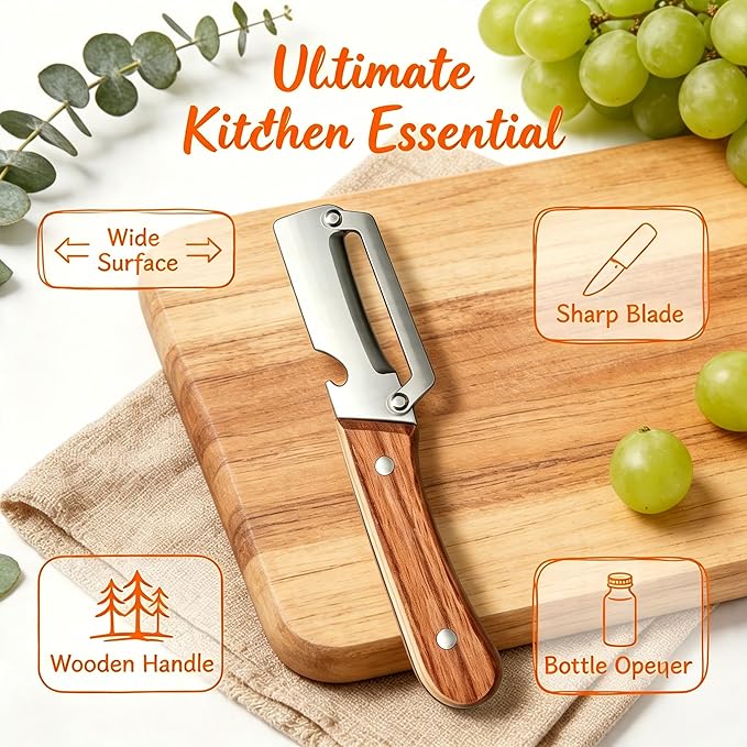 Vegetable Peeler 2 Pack, Multifunctional Stainless Steel Peeler with Wooden Handle and Bottle Opener - 2 in 1 Ultra Sharp Kitchen Tool for Fruit, Veggie, Carrot & Papaya