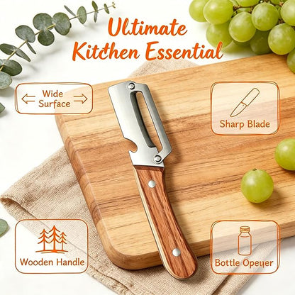 Premium Multifunctional Vegetable Peeler–Zero-Snag Stainless Steel Blade, Ergonomic Wooden Handle Built-in Bottle Opener for Kitchen,Camping | Effortless Peeling for Potatoe, Carrot, Apple&More