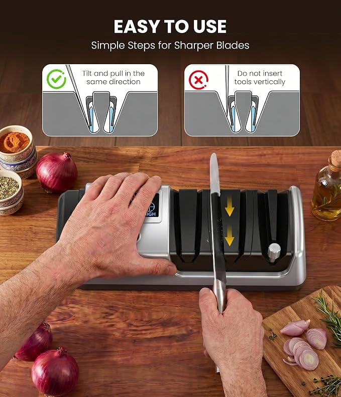 Electric Knife Sharpener for Kitchen - Professional 3-Stage Sharpening for Straight-Edge & Serrated Knives and Scissors, with 100% Diamond Abrasive (Silver)