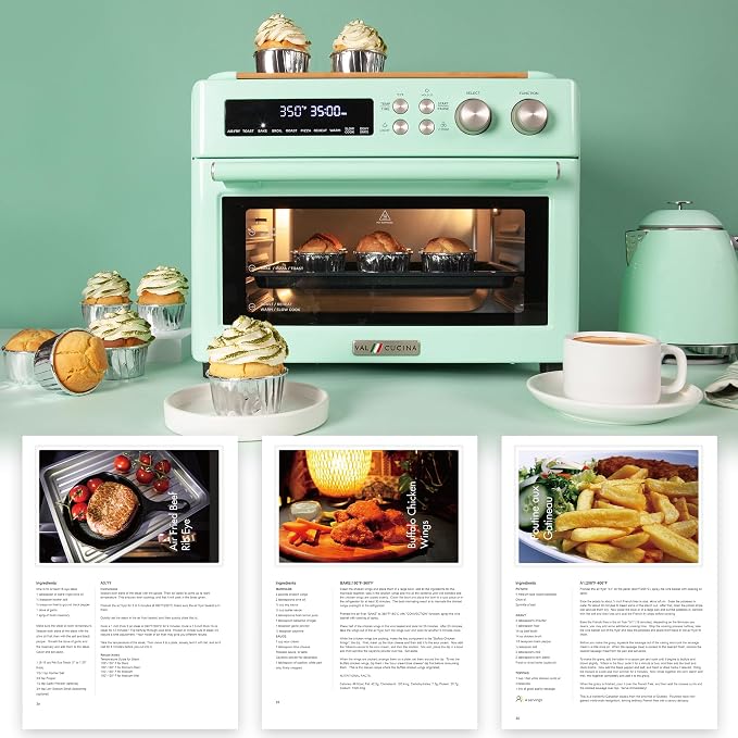 VAL CUCINA Retro 26.3 QT Infrared Heating Air Fryer Toaster Oven, Large Countertop Convection Oven 10-in-1 Combo, 6-Slice Toast, Enamel Baking Pan Easy Clean with Recipe Book
