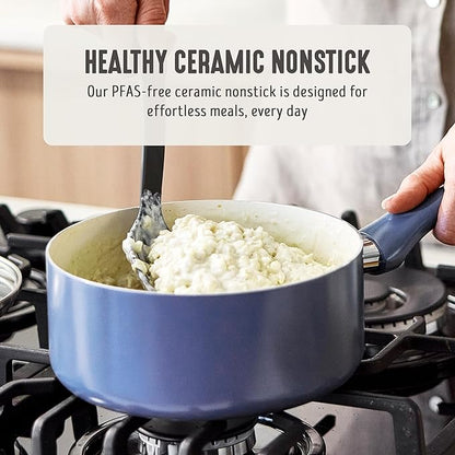 GreenLife 2 Quart Nonstick Saucepan with Lid, Non-Toxic Ceramic Pot, Dishwasher Safe, Stay-Cool Handle, Induction Ready, Fast Heating, PFAS Free, Easy Clean, Slate Blue
