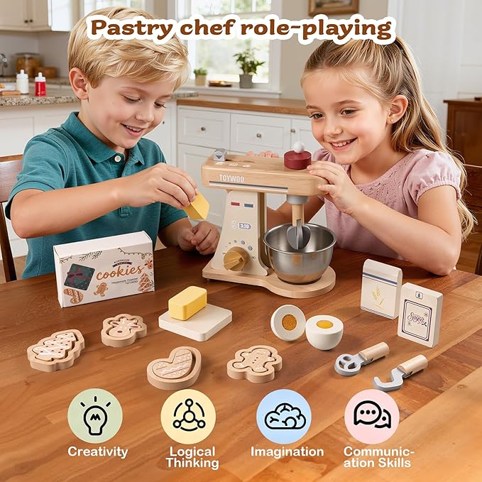 Kids Play Kitchen Toddler Playset with Play Food and Wooden Toy Mixer Montessori Accessories Pretend Cooking Gift for Boys Girls Age 3 4 5 6 7