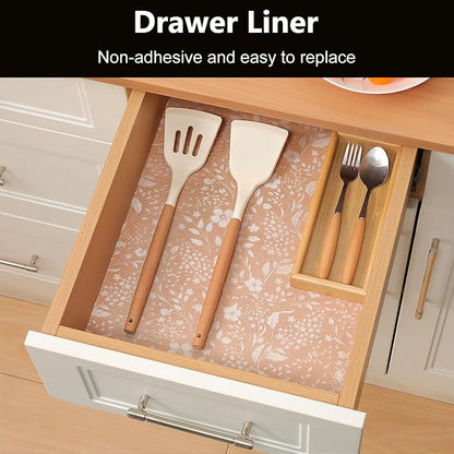 INNOLITES Shelf Liner for Kitchen Cabinets, Non-Adhesive Drawer Liner, Waterproof Washable EVA Floral Pattern, Protect Dresser Cupboard Refrigerator Shelves (Ivory Herb, 11.8" x 120")