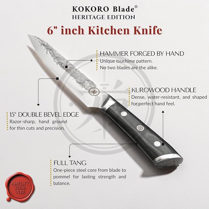 6” Professional Utility Knife – Hand Forged Kitchen Knife with Dark Wood Handle, Razor Sharp, Full Tang, Balanced – from British Fusion Atelier KOKORO – A Thoughtful Gift for Cooks and Foodies