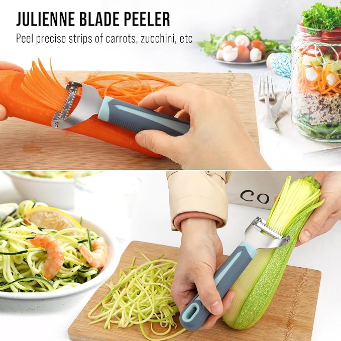 Julienne Peeler Vegetable Peeler -Y Carrot Shredder Julienne Slicer with 4.8'' Long Silicone Handle -Potato Peeler Swivel Peeler for Kitchen, Set of 2 Blue