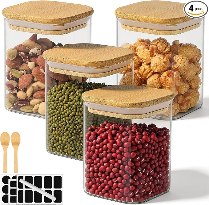 Glass Jars with Bamboo Lids, 15 Fl.oz Glass Storage Jars with Airtight Lids Set of 4, Clear Pantry Containers for Spice, Sugar, Coffee, Tea, Nuts, Beans - Included Labels, Marker and Spoon