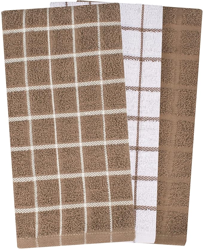 Ritz Premium 100% Cotton Terry Check Kitchen Dish Towels - Highly Absorbent, Super Soft, Long-Lasting, 25"x15", 3-Pack, Mocha