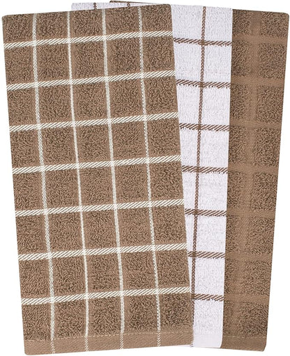 Ritz Premium 100% Cotton Terry Check Kitchen Dish Towels - Highly Absorbent, Super Soft, Long-Lasting, 25"x15", 3-Pack, Mocha